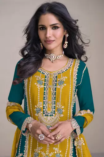 Mustrad- teal green embroidery secquins chinon silk straight palazzo- free size stitched(size upto 42")