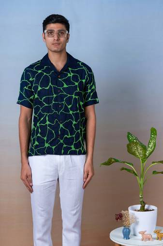 Navy blue hand embroidered linen shirt -  emerald wave