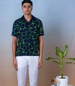 Navy blue hand embroidered linen shirt -  emerald wave