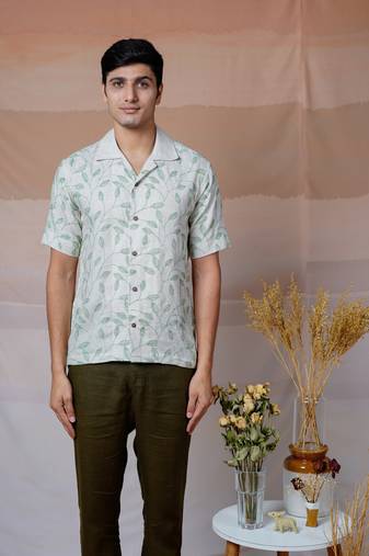 Beige hand embroidered linen shirt - forest fern