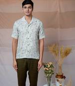 Beige hand embroidered linen shirt - forest fern