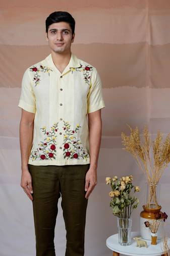 Off-white hand embroidered linen shirt - floral fiesta