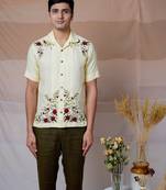 Off-white hand embroidered linen shirt - floral fiesta