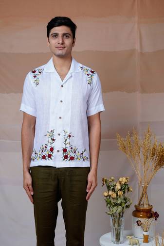 White hand embroidered linen shirt - floral fiesta