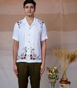 White hand embroidered linen shirt - floral fiesta