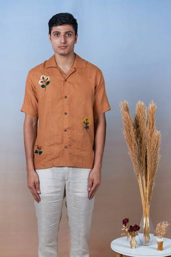 Mustard orange hand embroidered linen shirt - golden breeze