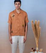 Mustard orange hand embroidered linen shirt - golden breeze
