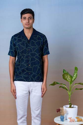 Navy blue hand embroidered linen shirt -  green veins