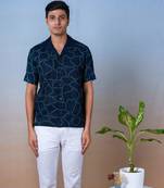 Navy blue hand embroidered linen shirt -  green veins