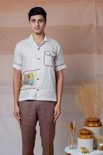 Beige hand embroidered linen shirt - metro moments