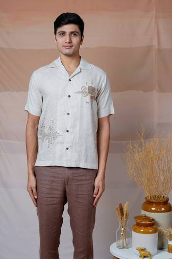 Beige hand embroidered linen shirt - modern minimalist
