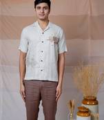 Beige hand embroidered linen shirt - modern minimalist