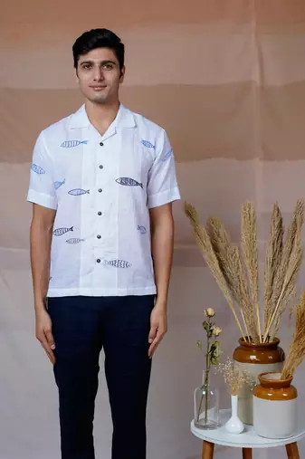 White hand embroidered linen shirt -  ocean drift