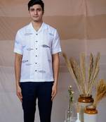 White hand embroidered linen shirt -  ocean drift