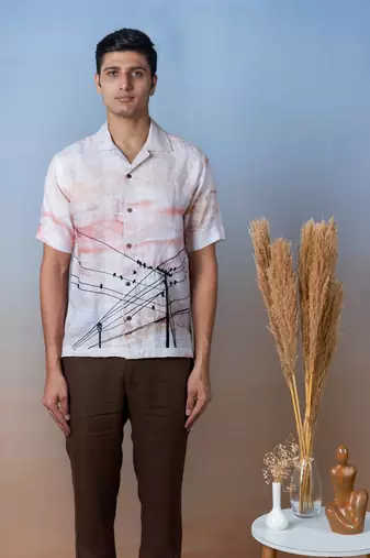 Printed linen hand embroidered shirt - evening chorus