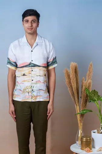 Printed linen hand embroidered shirt - nature's pallete
