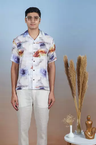 Printed linen hand embroidered shirt - nebula nights