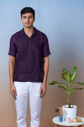 Purple hand embroidered linen shirt - purple haze
