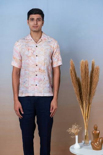 Printed linen hand embroidered shirt - whimsical waves