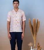 Printed linen hand embroidered shirt - whimsical waves