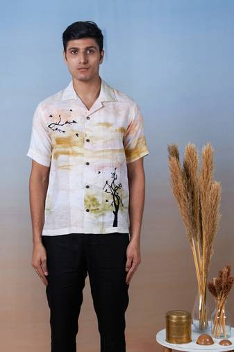 Printed linen hand embroidered shirt - wispering branches