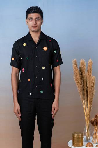 Black hand embroidered linen shirt - retro spot