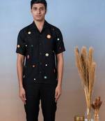 Black hand embroidered linen shirt - retro spot