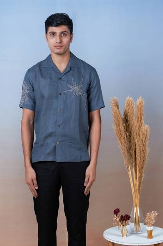 Grey hand embroidered linen shirt - stormy skies