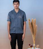 Grey hand embroidered linen shirt - stormy skies