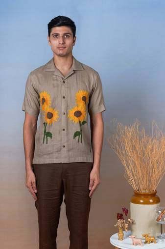 Olive green hand embroidered linen shirt - sunflower bliss