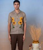 Olive green hand embroidered linen shirt - sunflower bliss