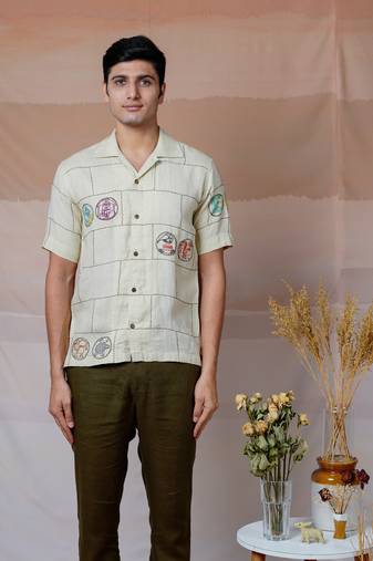 Beige hand embroidered linen shirt - cultural tales