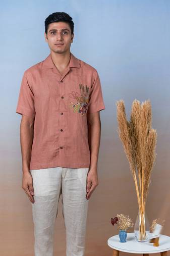 Rose gold hand embroidered linen shirt - terracotta bloom