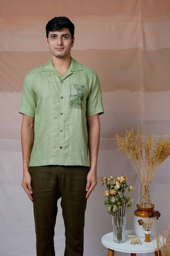 Green hand embroidered linen shirt - tropical leaf
