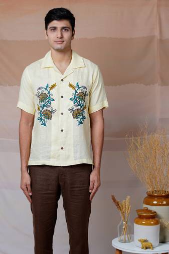 Cream hand embroidered linen shirt - vintage petals