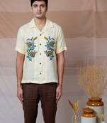 Cream hand embroidered linen shirt - vintage petals
