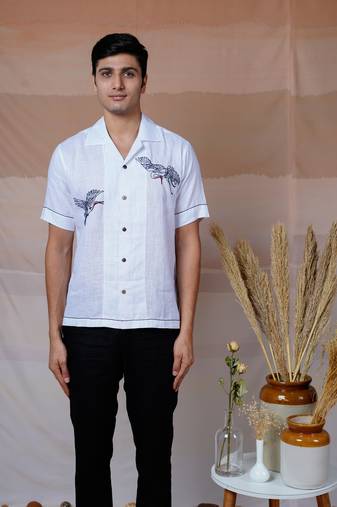 White hand embroidered linen shirt - flying wings