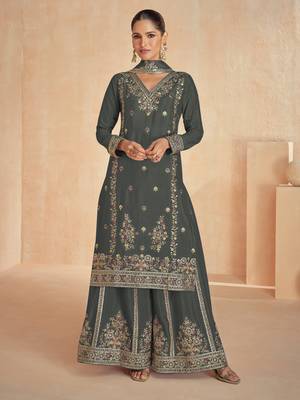 Grey embroidered & sequins work georgette readymade plazzo stitched 1