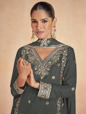 Grey embroidered & sequins work georgette readymade plazzo stitched 2