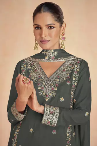 Grey embroidered & sequins work georgette readymade plazzo stitched