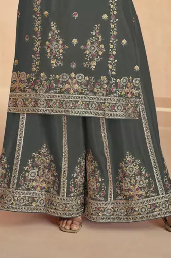 Grey embroidered & sequins work georgette readymade plazzo stitched