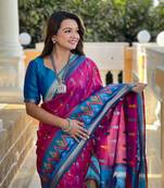 Rani pink art silk ikkat and patola weaving concept saree & contrast blouse