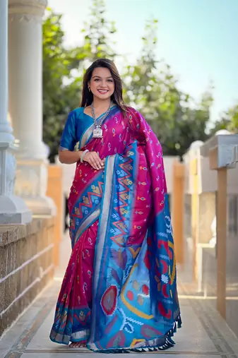 Rani pink art silk ikkat and patola weaving concept saree & contrast blouse