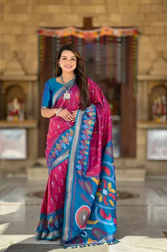 Rani pink art silk ikkat and patola weaving concept saree & contrast blouse