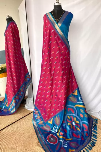 Rani pink art silk ikkat and patola weaving concept saree & contrast blouse
