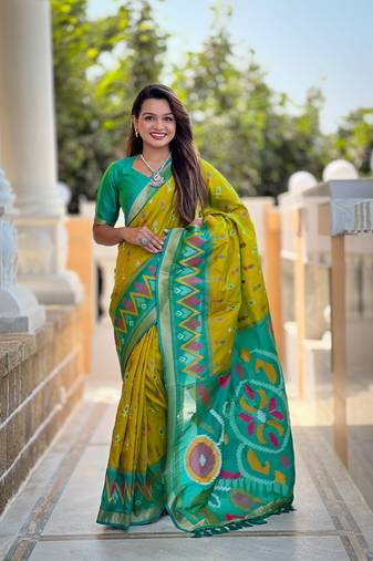 Lime green art silk ikkat and patola weaving concept saree & contrast blouse