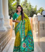 Lime green art silk ikkat and patola weaving concept saree & contrast blouse