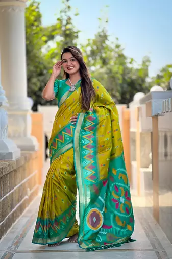 Lime green art silk ikkat and patola weaving concept saree & contrast blouse