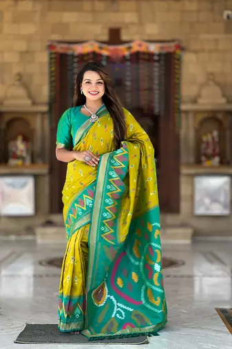 Lime green art silk ikkat and patola weaving concept saree & contrast blouse