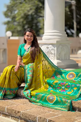 Lime green art silk ikkat and patola weaving concept saree & contrast blouse